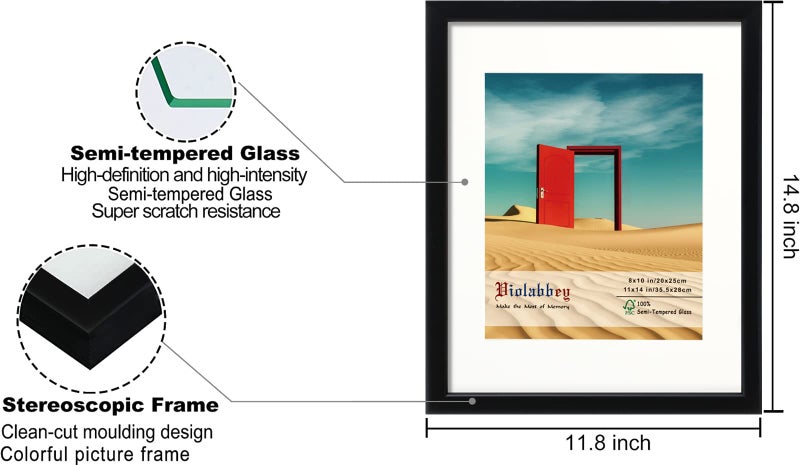 VIOLABBEY 11x14 Picture Frames Black Set of 4, Fits 8x10 Pictures with Mat or 11x14 Photos without Mat, Photo Frame with Real Glass, Vertical or Horizontal for Wall and Tabletop Display - Image 3